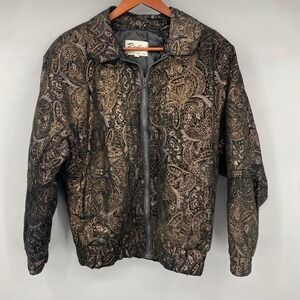 Vtg Radlee Womens Black Gold Paisley Print Genuine‎ Leather Bomber Jacket Size S